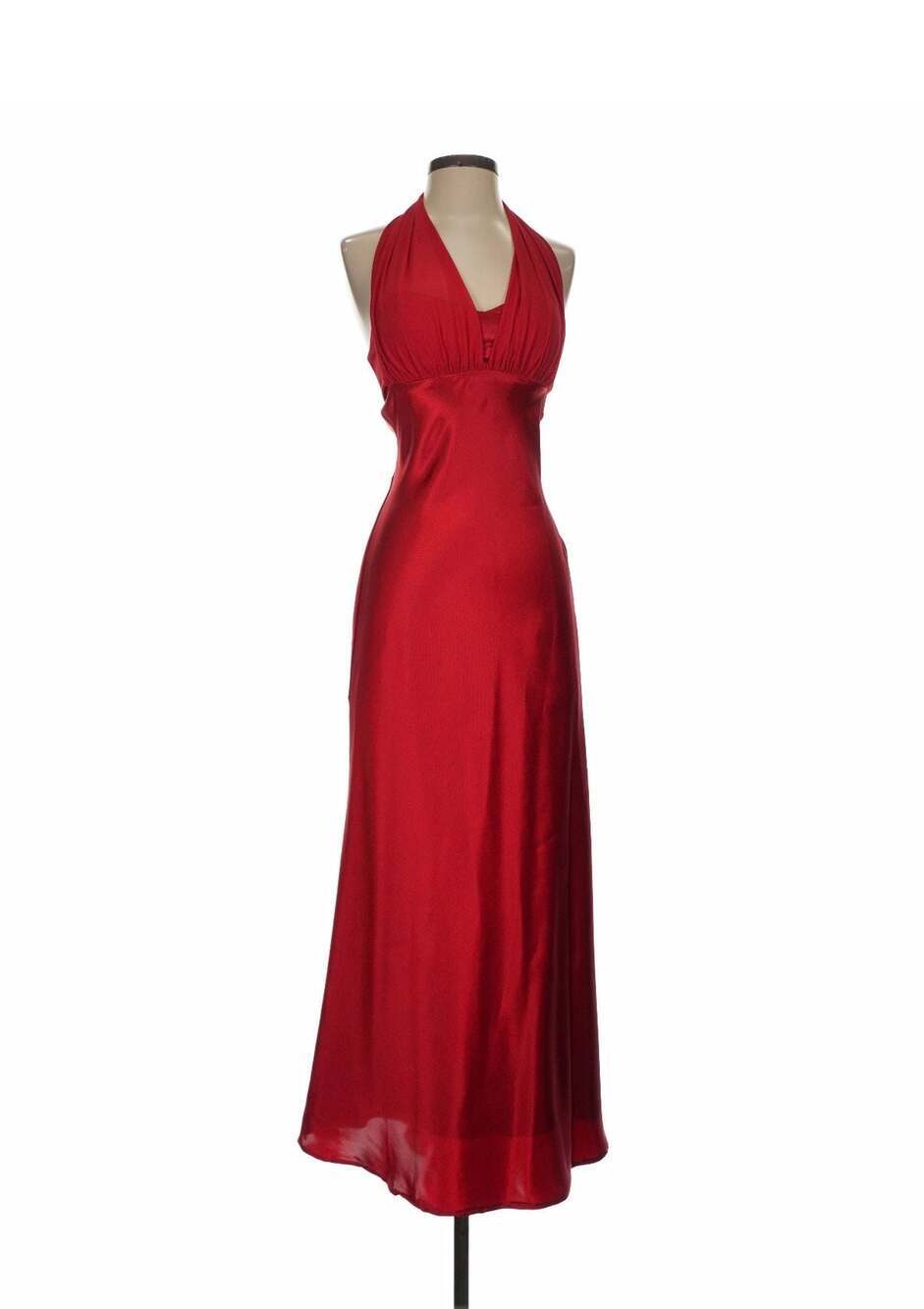 Betsy & Adam Vintage Y2K Red Satin Halter Evening Gown with Ruffles